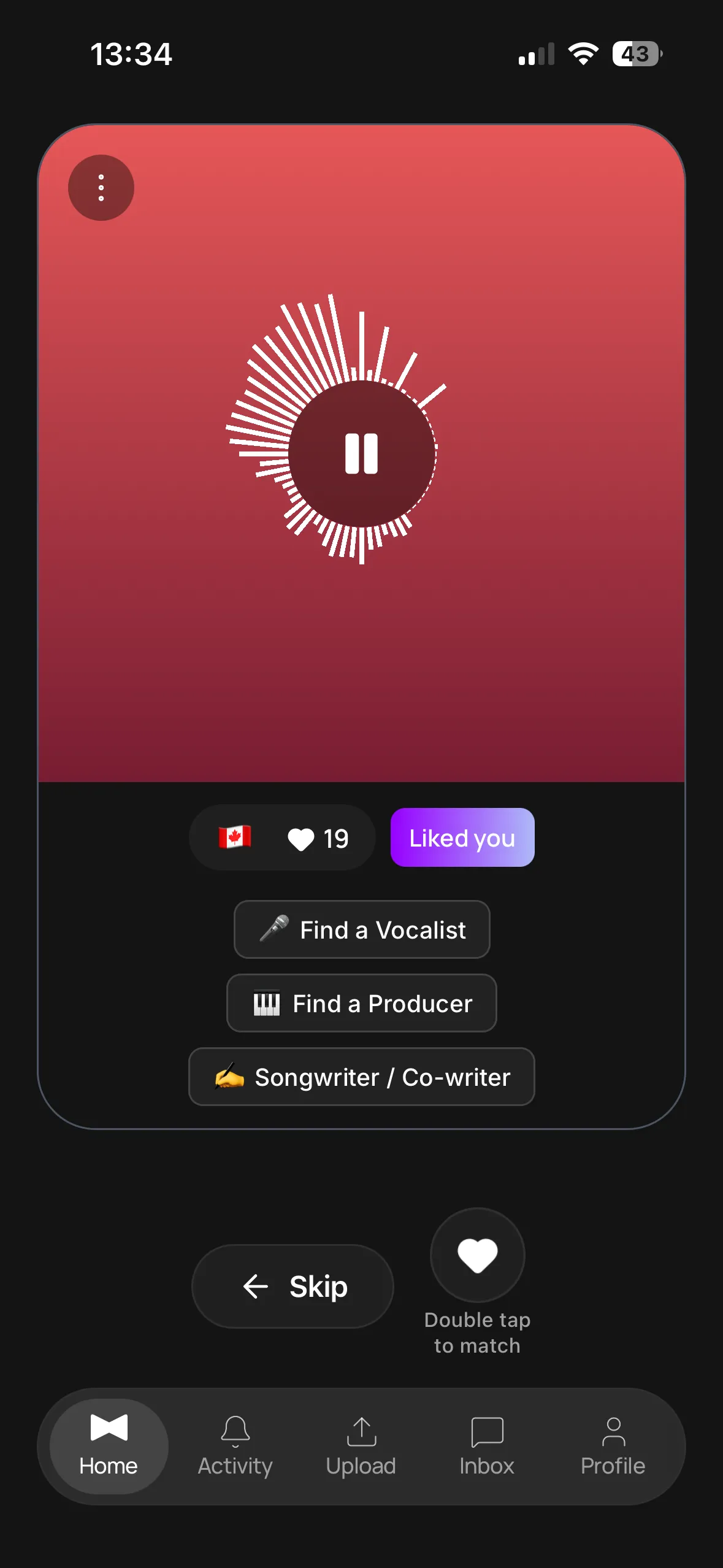 Muselink.app discover screen matching producers and vocalists by genre and style