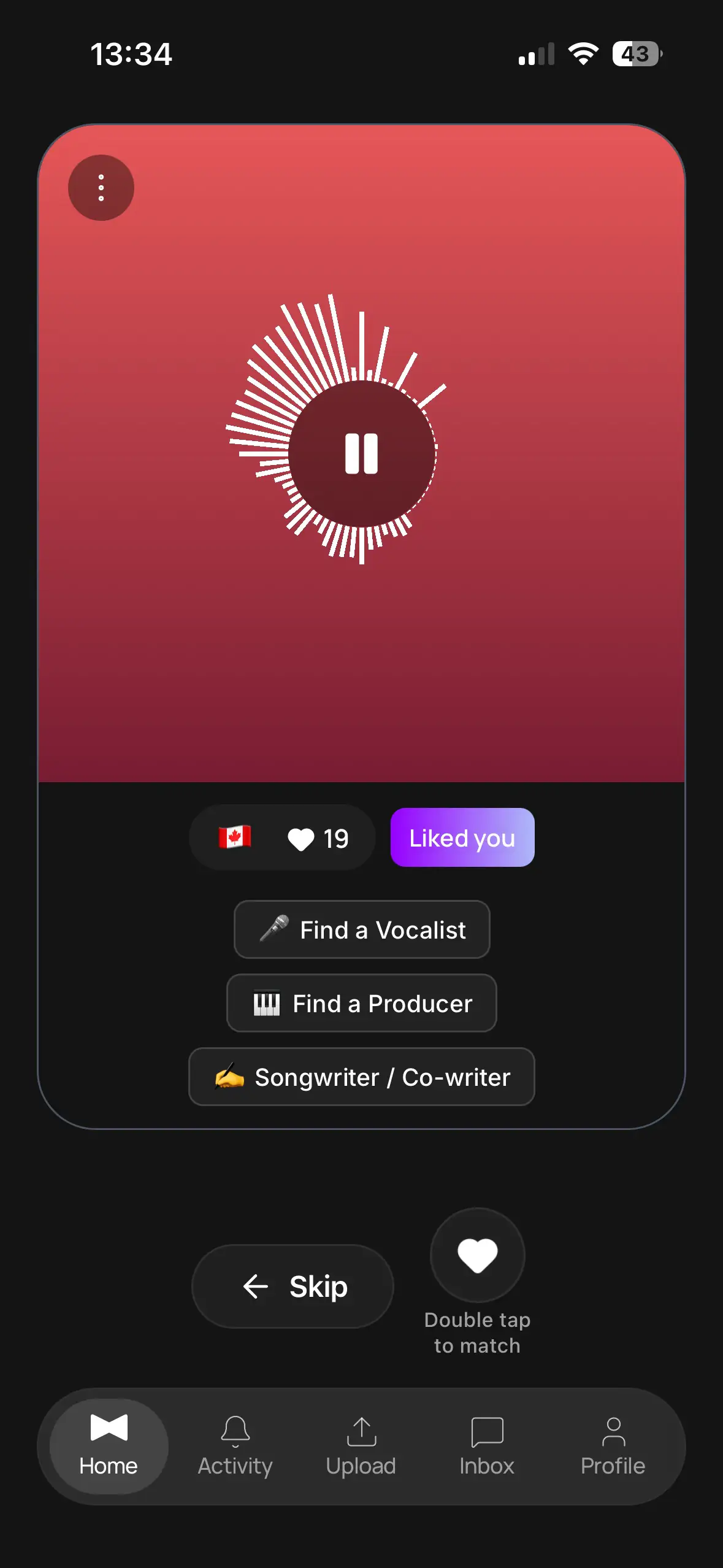 Muselink.app discovery feed swiping a music snippet with collaboration goal tags and a liked-you badge