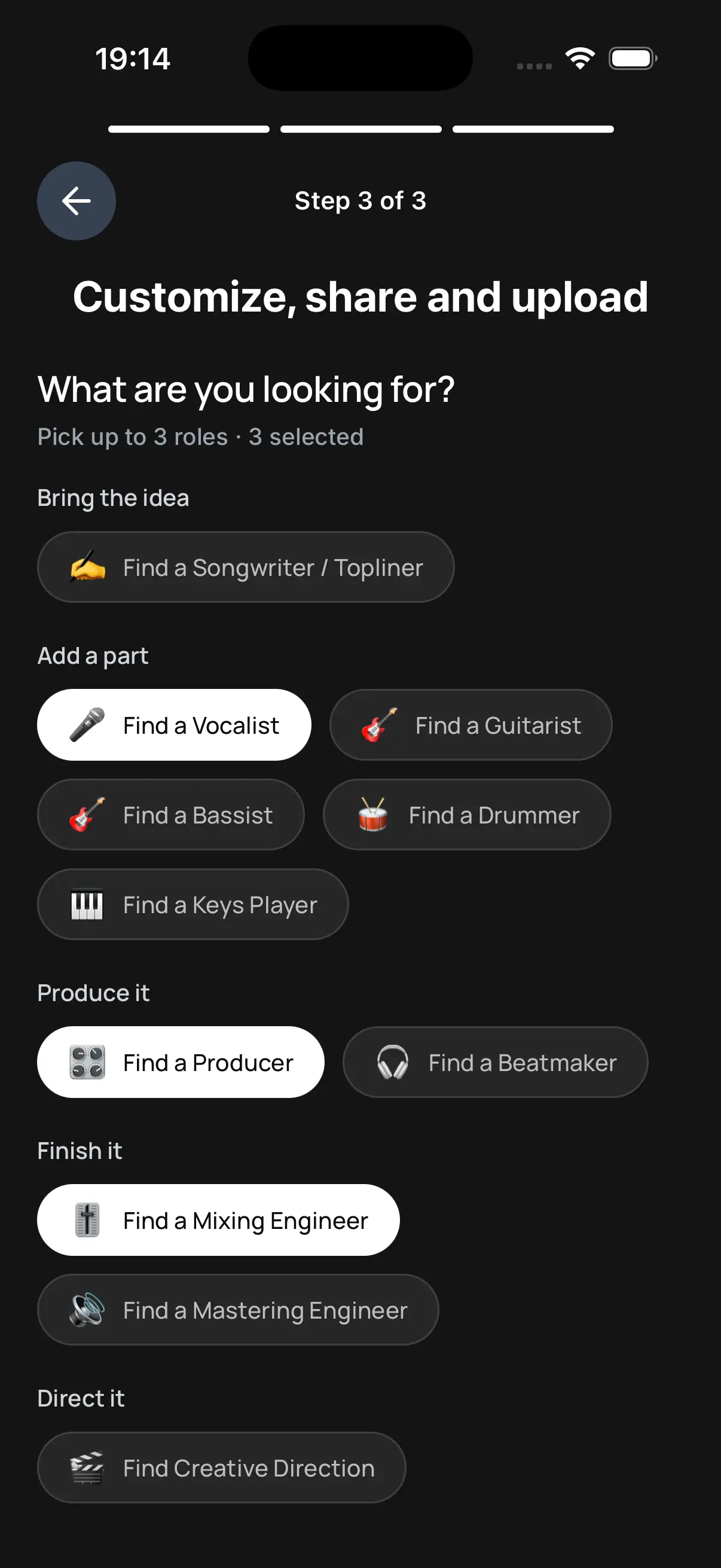 Muselink.app goal picker choosing collaborator roles such as vocalist, producer, and mixing engineer