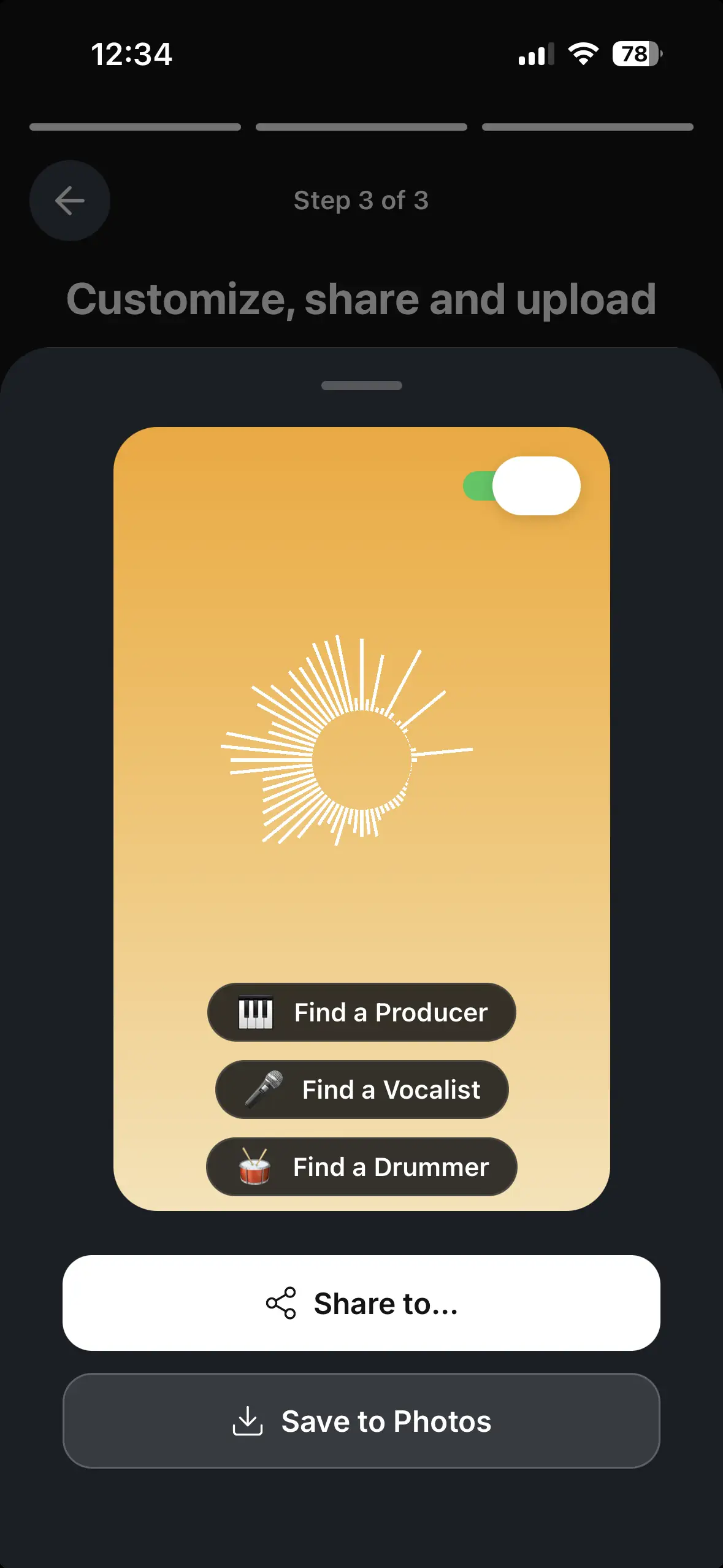 Muselink.app customize and share screen exporting the audio visualizer with collaboration goals